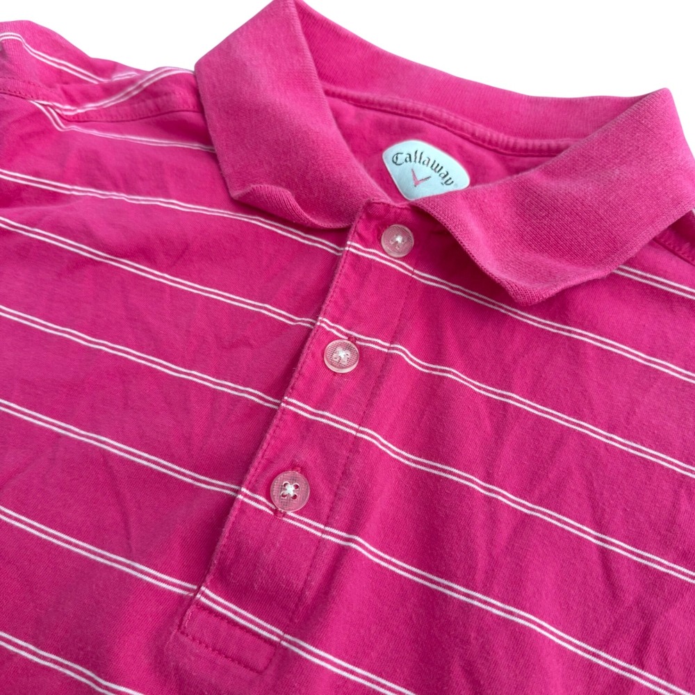 Callaway Mens XL Pink White Striped Cotton Short Sleeve Golf Polo Shirt‎